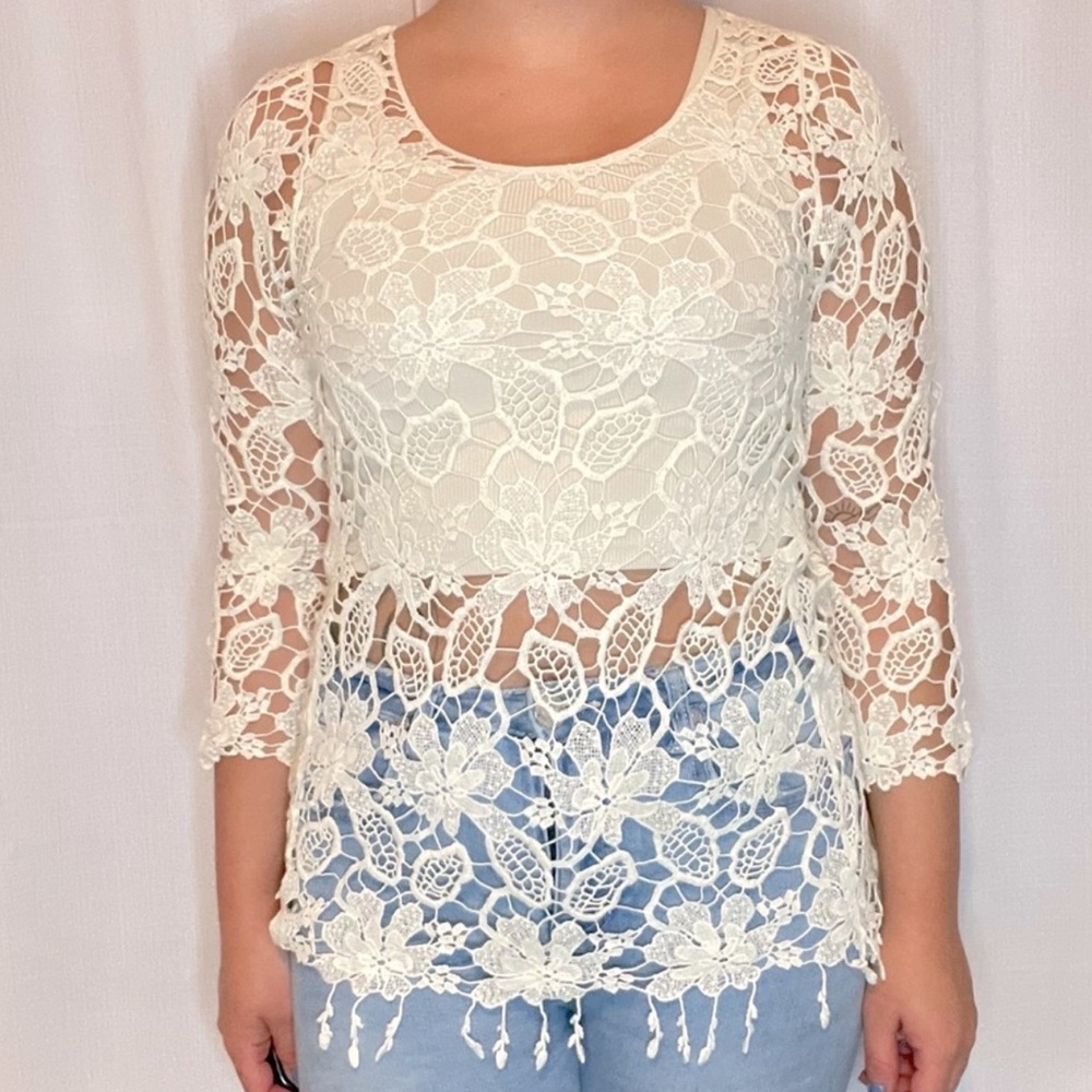 Lace + fringe top. Size small.